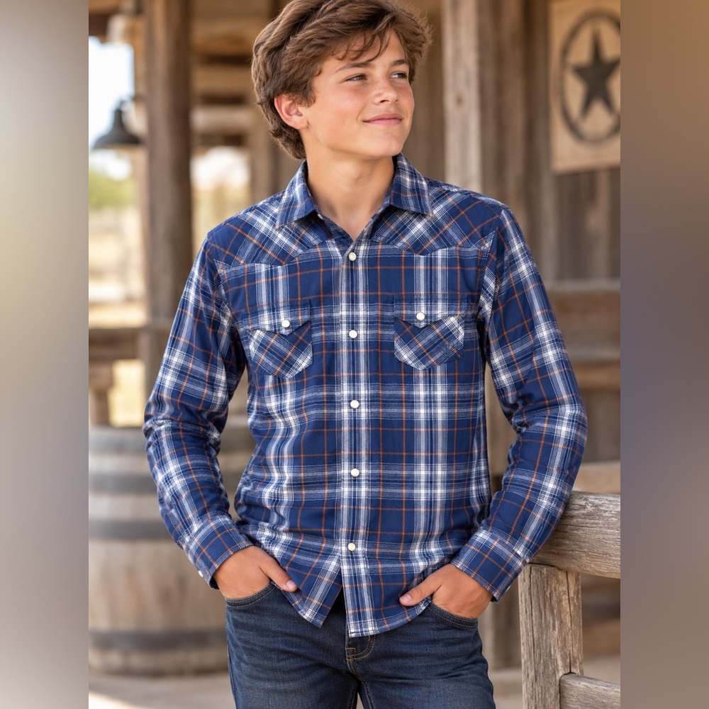 Ariat Boys Youth Large Western Pearl Snap Shirt Blue Orange Plaid Long Sleeve